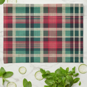 Linge De Cuisine Bandes Plaid Vert Crème Rouge