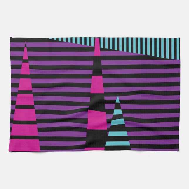 Linge De Cuisine Bandes sur bandes - rose, pourpre, bleu et noir (Horizontal)