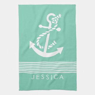 Linge De Cuisine Bandes Vert Et Blanc Avec Ancre Nautique