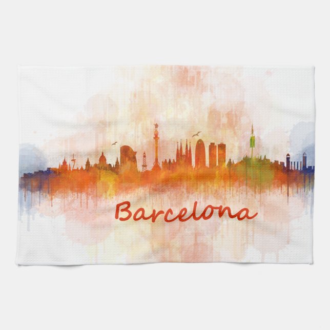Linge De Cuisine Barcelone Skyline watercolor v04 (Horizontal)