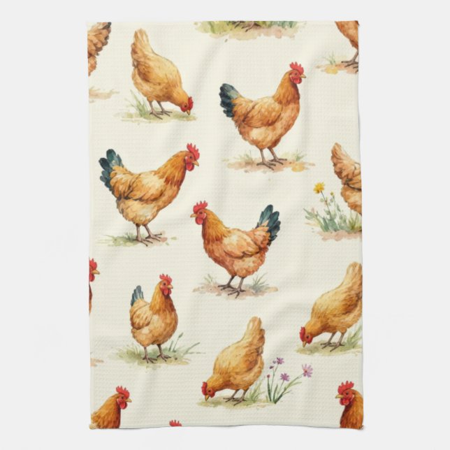 Linge De Cuisine Barnyard Chickens and Botanical Pattern Design (Vertical)