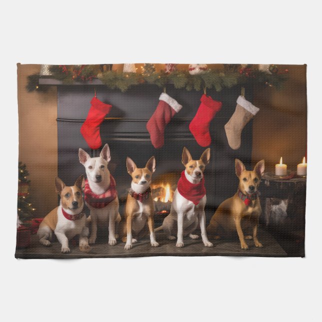 Linge De Cuisine Basenji au coin du feu Noël (Horizontal)