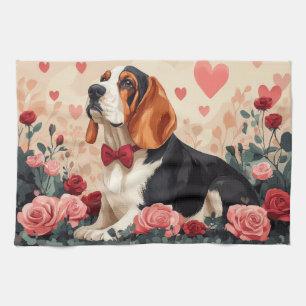 Linge De Cuisine Basset Hound avec Roses - Saint Valentin