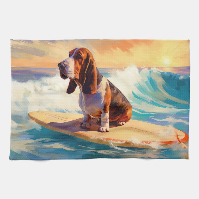 Linge De Cuisine Basset Hound Beach Surf Peinture (Horizontal)