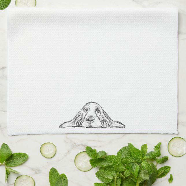 Linge De Cuisine basset hound noir blanc yeux de chiot simple  (Plié)