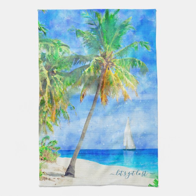 Linge De Cuisine Bateau à voile Tropical Island Palm Tree (Vertical)