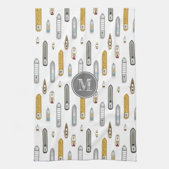 Linge De Cuisine Bateaux nautiques Sur la rivière blanc w monogramm (Vertical)