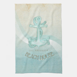 Linge De Cuisine Beach House Ancre nautique et corde Aqua ID623