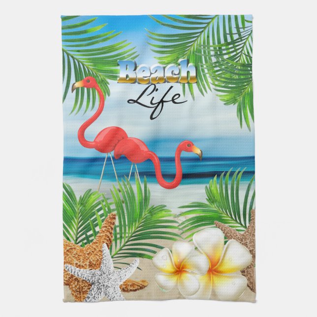 Linge De Cuisine Beach Life avec Flamants roses roses (Vertical)