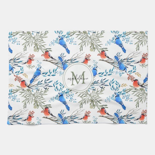 Linge De Cuisine Beau Aquarelle Oiseaux et Motif de Foliage (Horizontal)