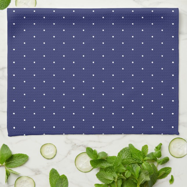 Linge De Cuisine Beau bleu marine et blanc minuscule motif pois (Plié)