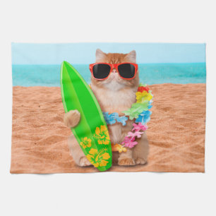 Linge De Cuisine Beau chat surfeur sur la plage