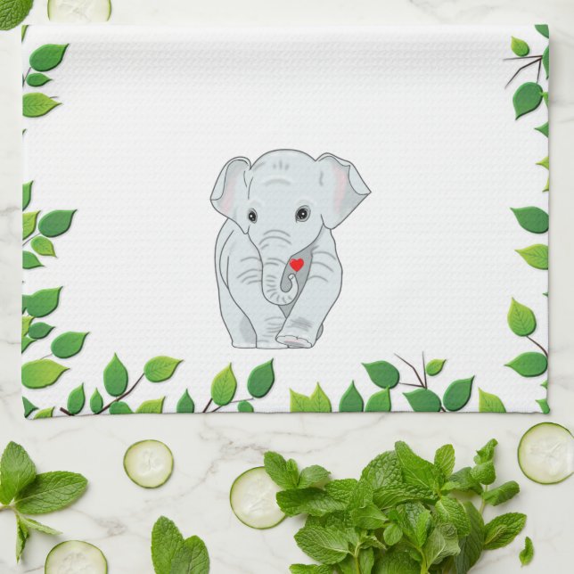 Linge De Cuisine Beau éléphant personnalisé et Feuilles verts sur b (Plié)