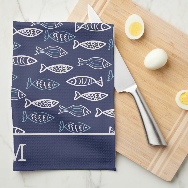 Linge De Cuisine Beaucoup de poissons Motif Monogramme bleu (Quart Plié)