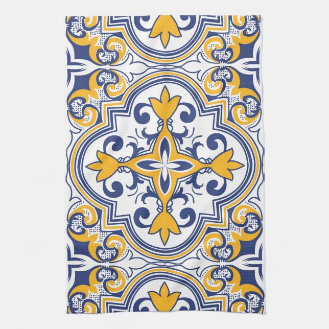 Linge De Cuisine 💙 💛 Beaux azulejos bleus et jaunes 9 (Vertical)