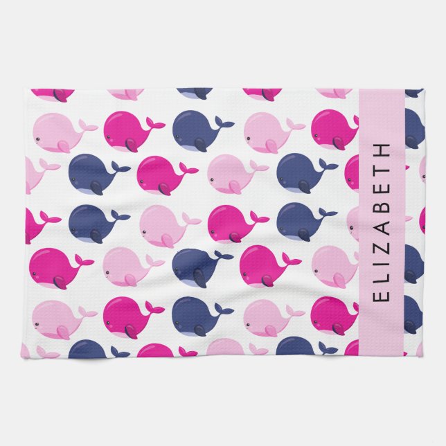 Linge De Cuisine Beaux Baleines, Motif De Baleines, Votre Nom (Horizontal)