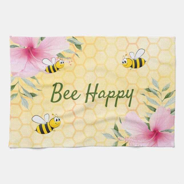 Linge De Cuisine Bee Happy abeilles jaunes nid d'abeilles rose fleu (Horizontal)