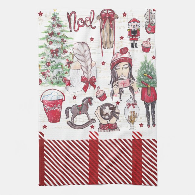 Linge De Cuisine Belle Aquarelle Rouge Noël (Vertical)