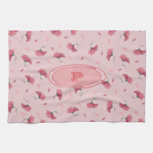 Linge De Cuisine Belle et mignonne fille rose floral motif initial (Horizontal)