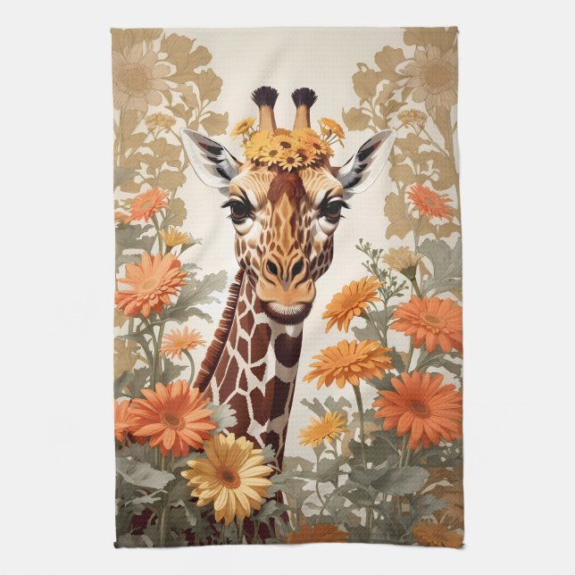 Linge De Cuisine Belle Giraffe et Gerbera Daisy Flowers (Vertical)