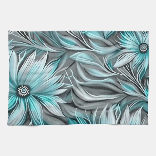 Linge De Cuisine Belle impression Florale Turquoise Bleue (Horizontal)