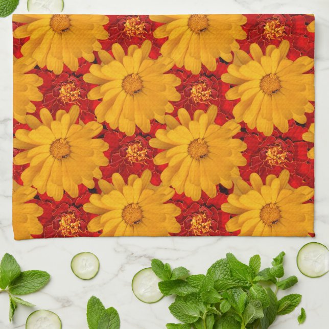 Linge De Cuisine Belle Médaille de Fleurs de Marigold Jaune Rouge (Plié)