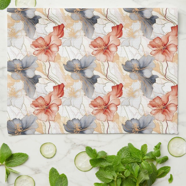 Linge De Cuisine Belle Pêche féminine Bleu et Blanc Floral (Plié)