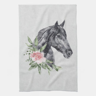 Linge De Cuisine Belle tête de cheval noir Portrait d'aquarelle