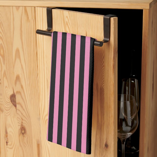 Linge De Cuisine Belles bandes verticales roses et noires (Pliage en tiers)