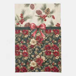 Linge De Cuisine Belles fleurs de Noël et pommes de pin