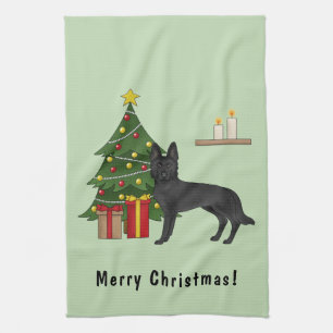 Linge De Cuisine Berger Allemand Noir Et Arbre De Noël Festif