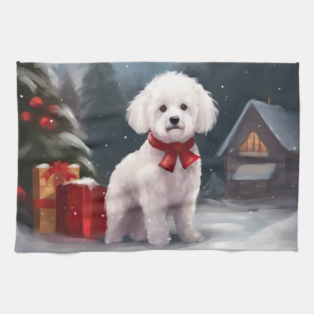 Linge De Cuisine Bichon Frise Dog à Noël de neige (Horizontal)