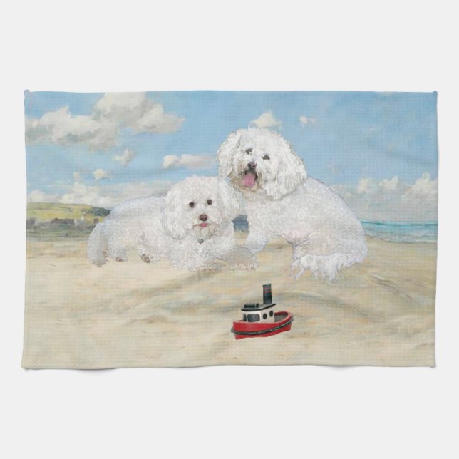Linge De Cuisine Bichons à la Plage (Horizontal)