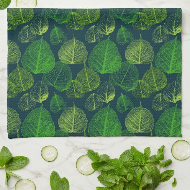 Linge De Cuisine Biophilisé esthétique Dark Green Skeleton Feuilles (Plié)