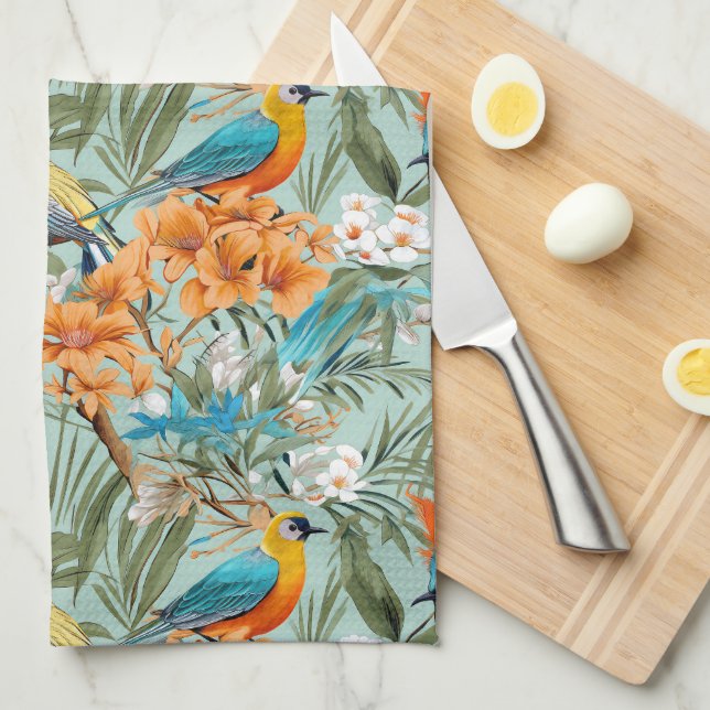 Linge De Cuisine Birds Chinoiserie Mint Orange (Quart Plié)