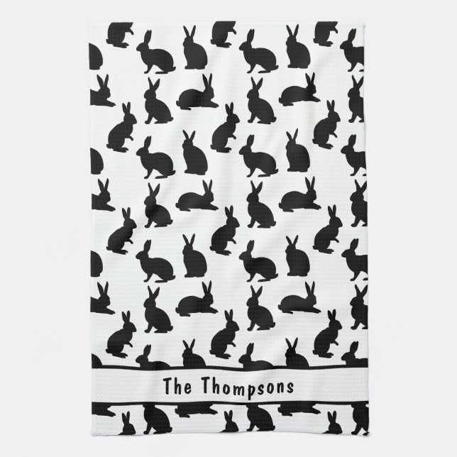 Linge De Cuisine Black And White Bunny Shapes And Name Easter (Vertical)