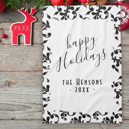 Linge De Cuisine Black and White Rococo Happy Holidays Script