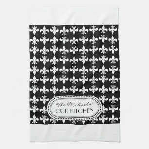 Linge De Cuisine Black   Blanc Fleur de Lis Monogram Motif