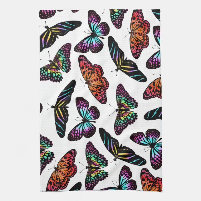 Linge De Cuisine Black Colorful Butterflies (Vertical)