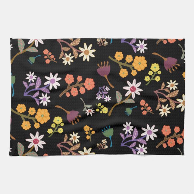 Linge De Cuisine Black Floral  (Horizontal)