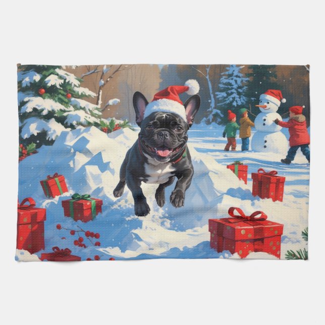Linge De Cuisine Black French Bulldog Festive de Noël Scène de neig (Horizontal)