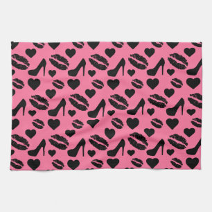 Linge De Cuisine Black High Heels Kisses Lips Girly Makeup Hearts