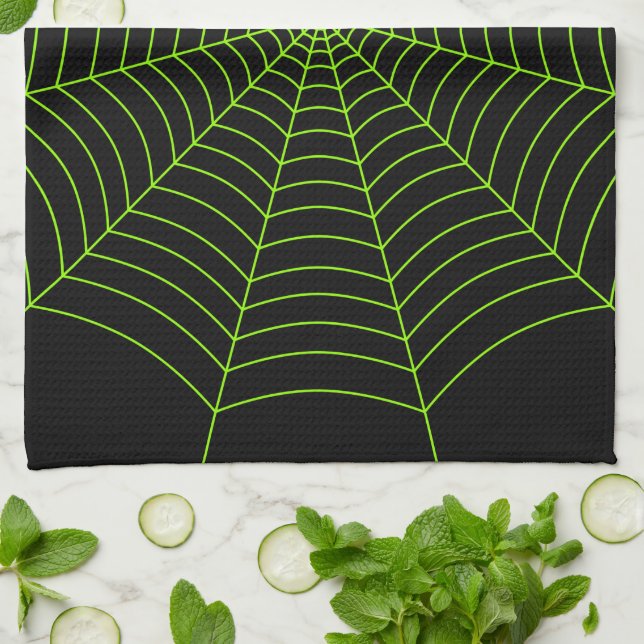 Linge De Cuisine Black neon vert toile d'araignée Halloween motif (Plié)