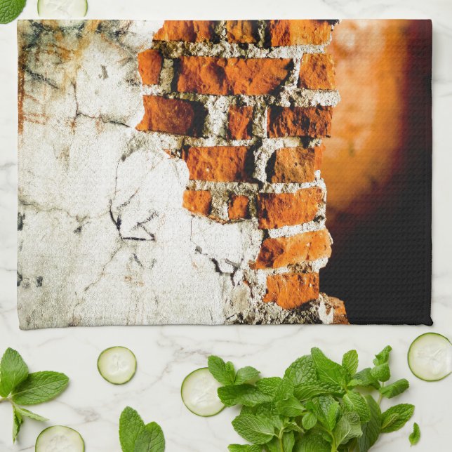 Linge De Cuisine Blanc et orange Mur en briques cassées (Plié)