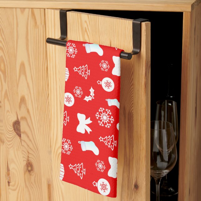 Linge De Cuisine Blanc gras pour Noël rouge (Pliage en tiers)