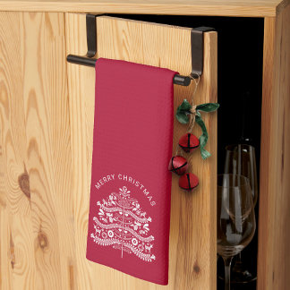 Linge De Cuisine Blanc sur sapin rouge scandinave de Noël