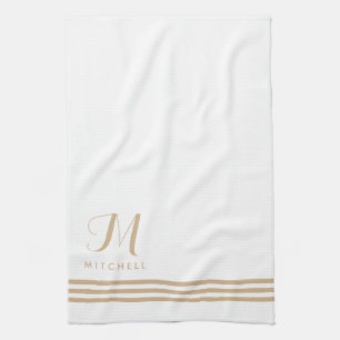 Linge De Cuisine Blancs et Tan Sophisticés et Monogrammes