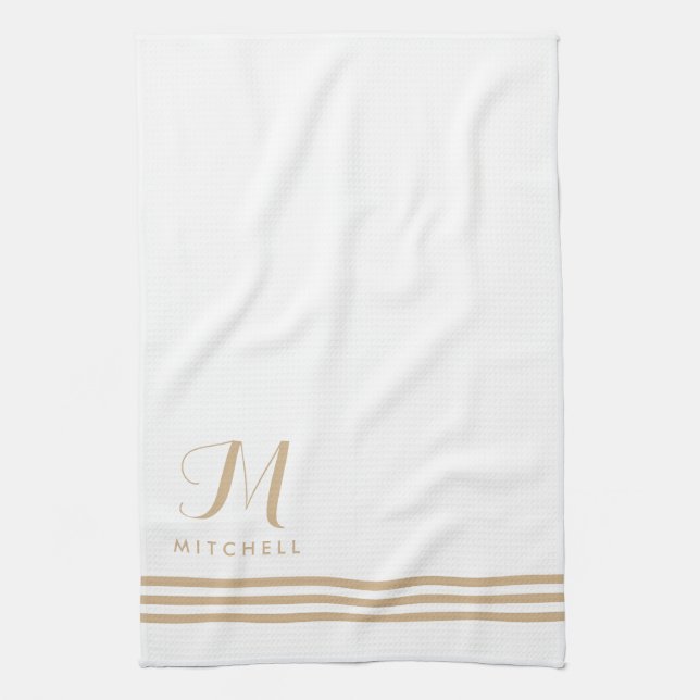 Linge De Cuisine Blancs et Tan Sophisticés et Monogrammes (Vertical)