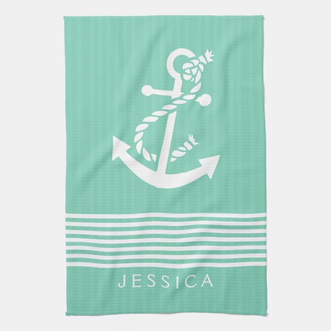 Linge De Cuisine Blancs & Monnaies Et Ancre Nautique Bateau (Vertical)