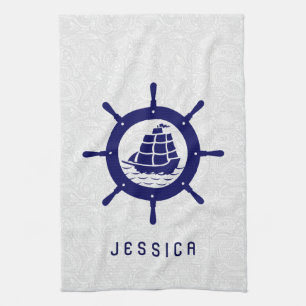 Linge De Cuisine Blancs Paisley Damas & Bleu Nautique Bateau Roue
